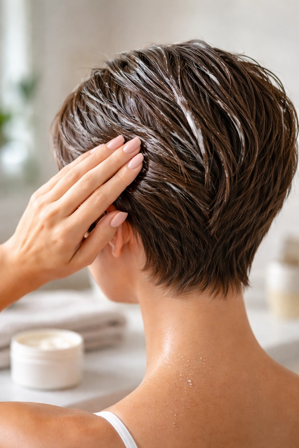 Close-up of short hair being conditioned in a softly lit bathroom