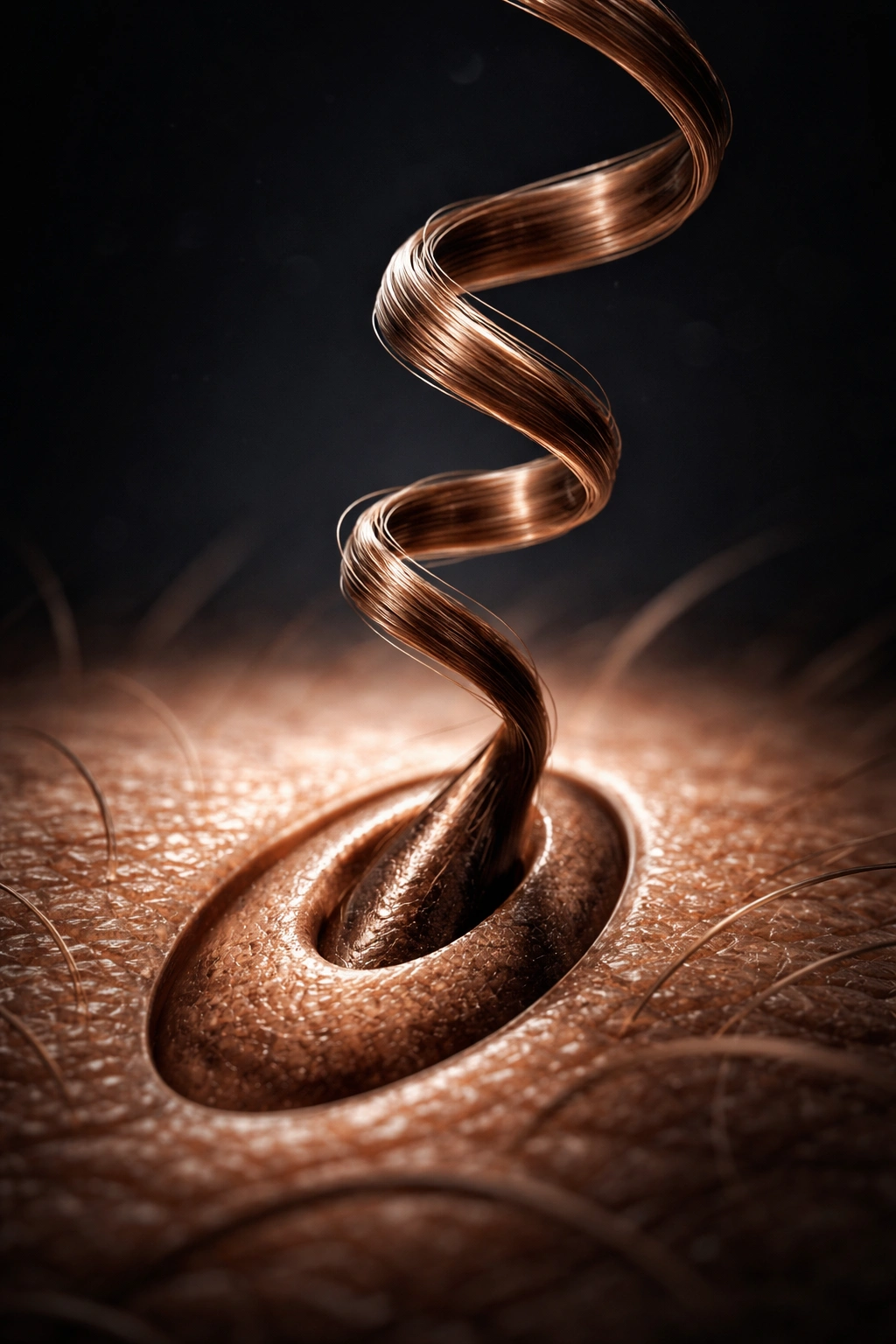Macro close-up of hair strand curl formation and follicle shape