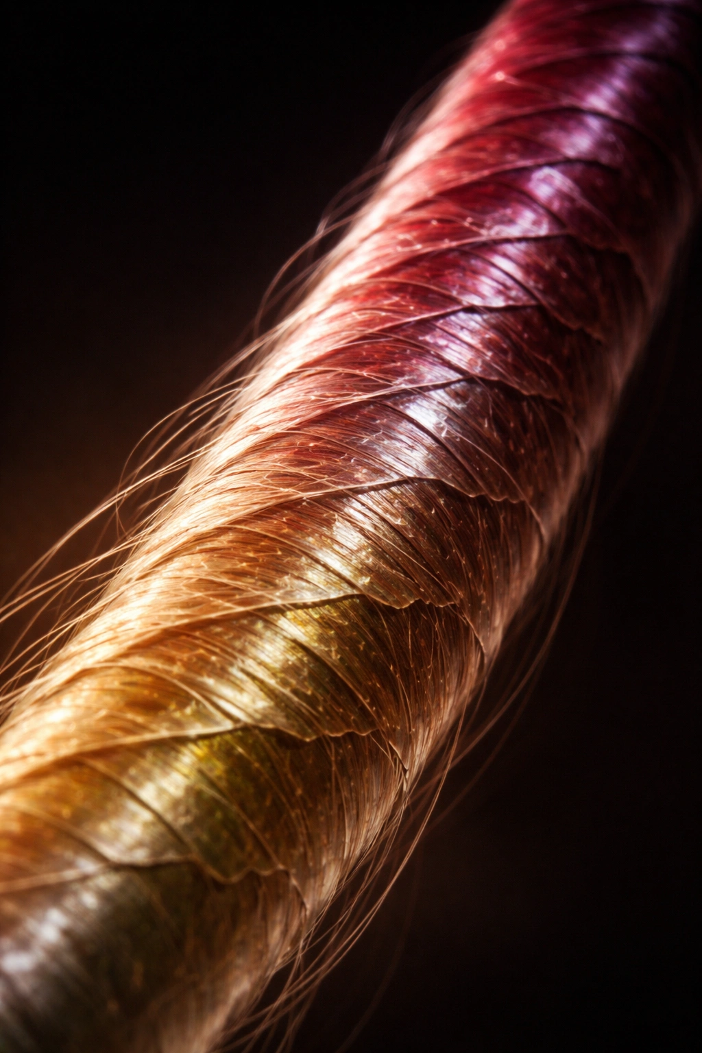Close-up of a dyed hair strand showing cuticle layers and color gradient, illustrating the sealing process.
