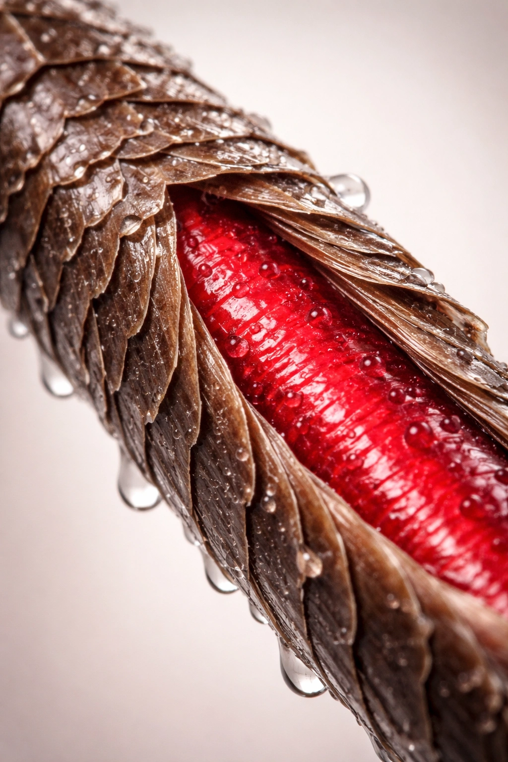 Macro view of a dyed hair strand showing cuticle scales and pigment retention