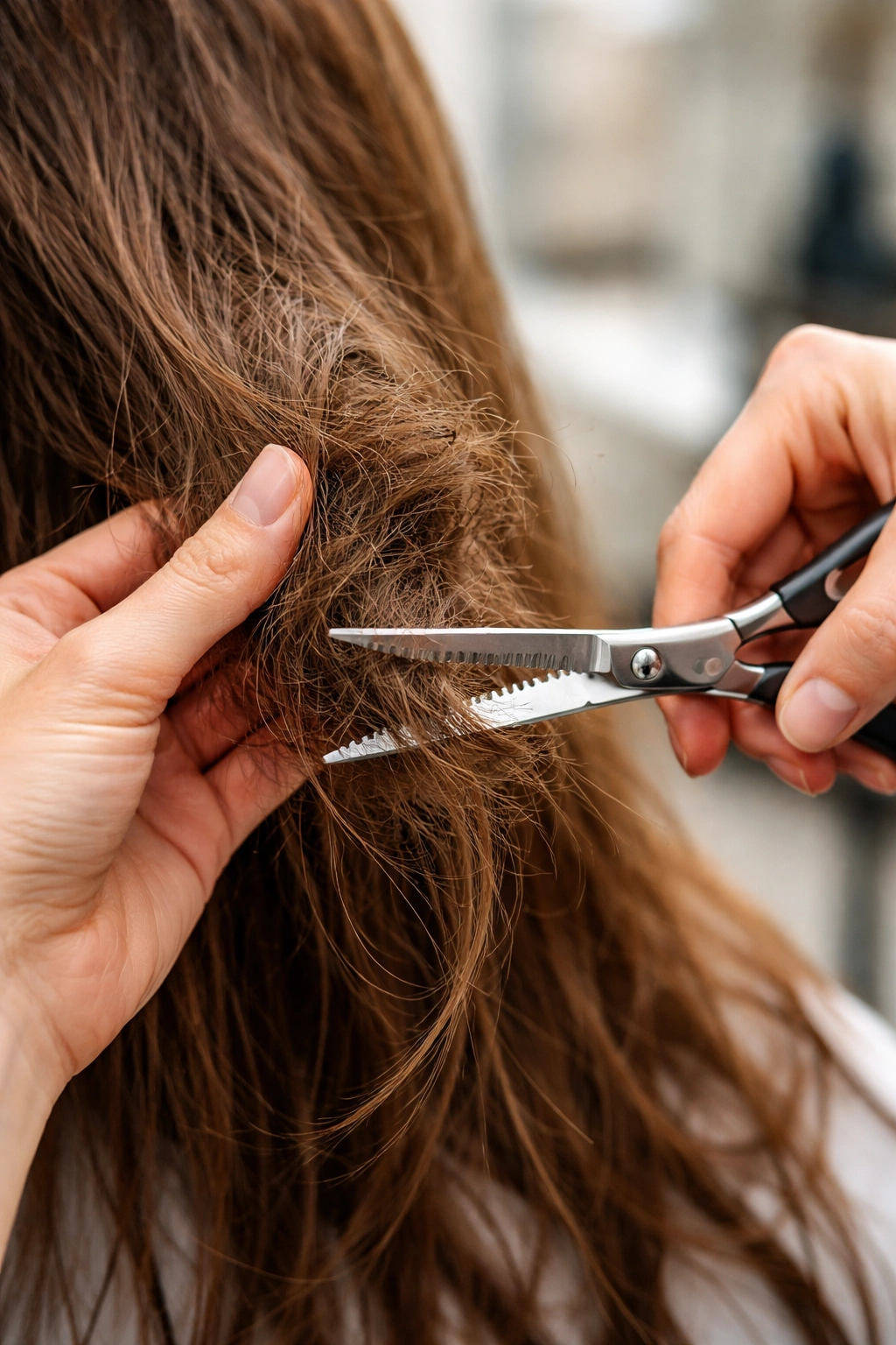 Hands with thinning shears near a matted hair section ready for cutting.
