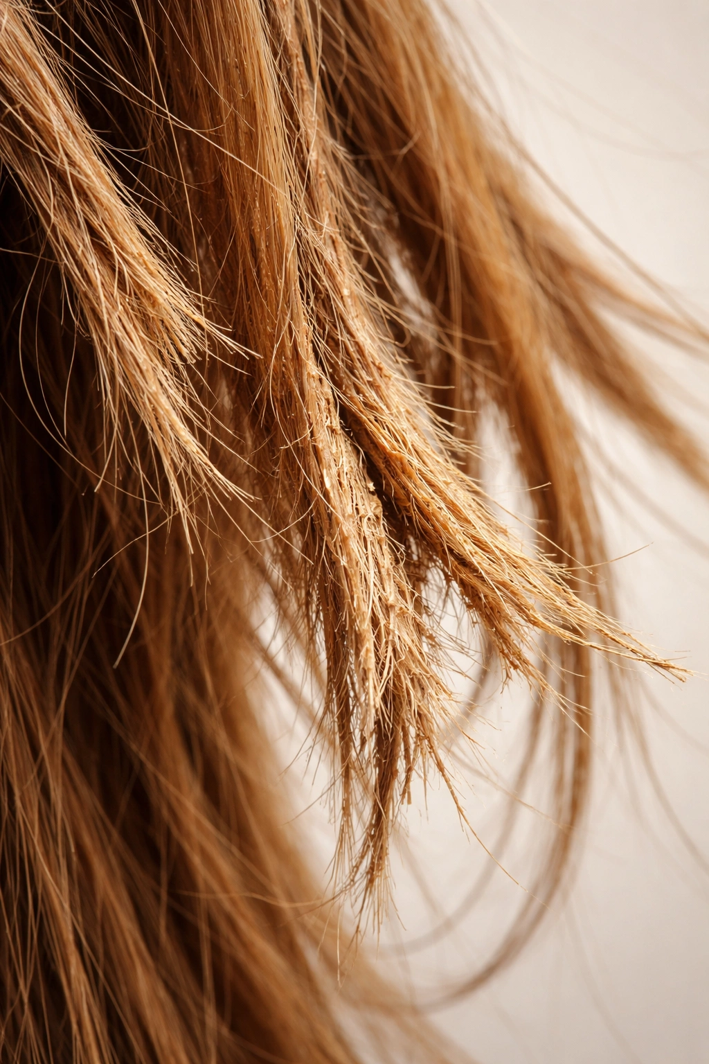 Close-up of brittle, damaged hair with split ends after smoothing treatment