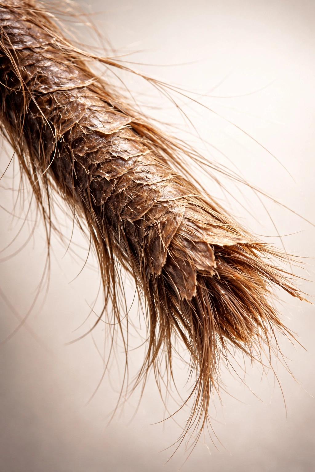 Macro shot of damaged hair strand showing dryness and rough cuticle