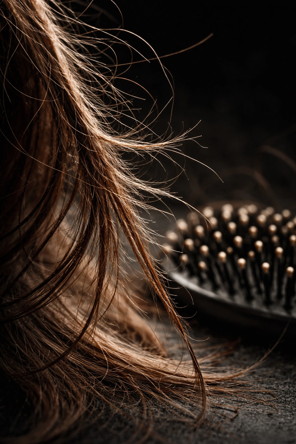 Damaged hair strand with frizz and split ends near a brush.