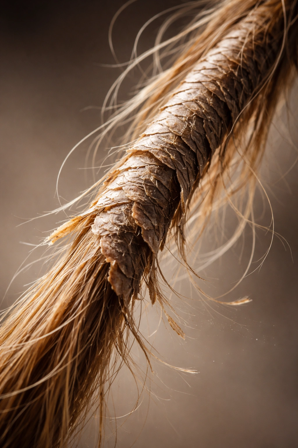 Close-up of a dry, damaged hair strand with lifted cuticle and frizz.