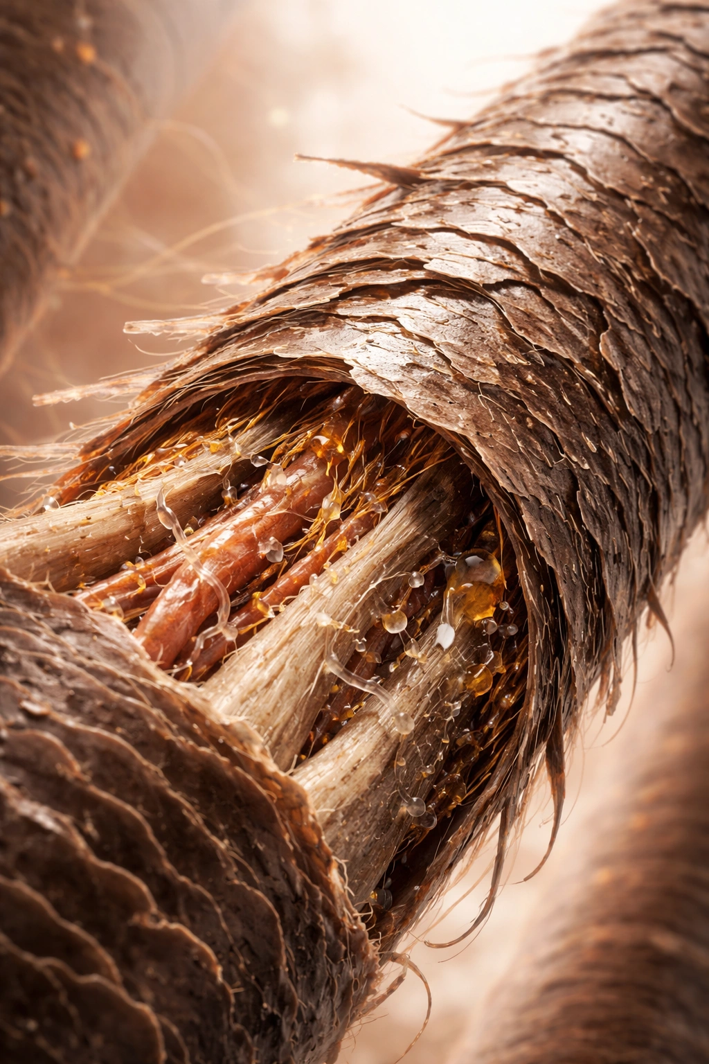 Cross-section of a damaged hair strand showing rough cuticle and broken cortex