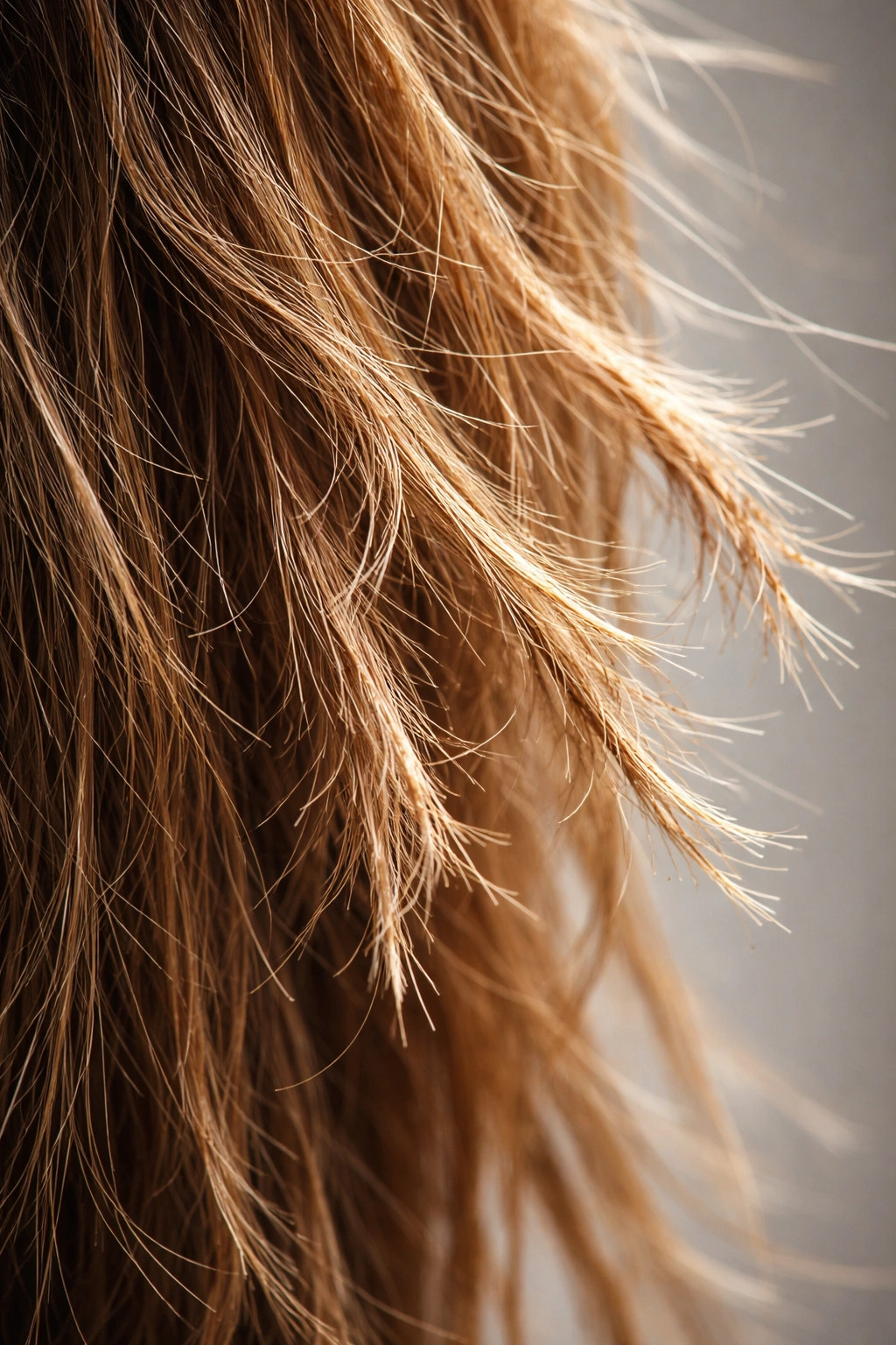 Damaged hair with frizz and split ends in close-up