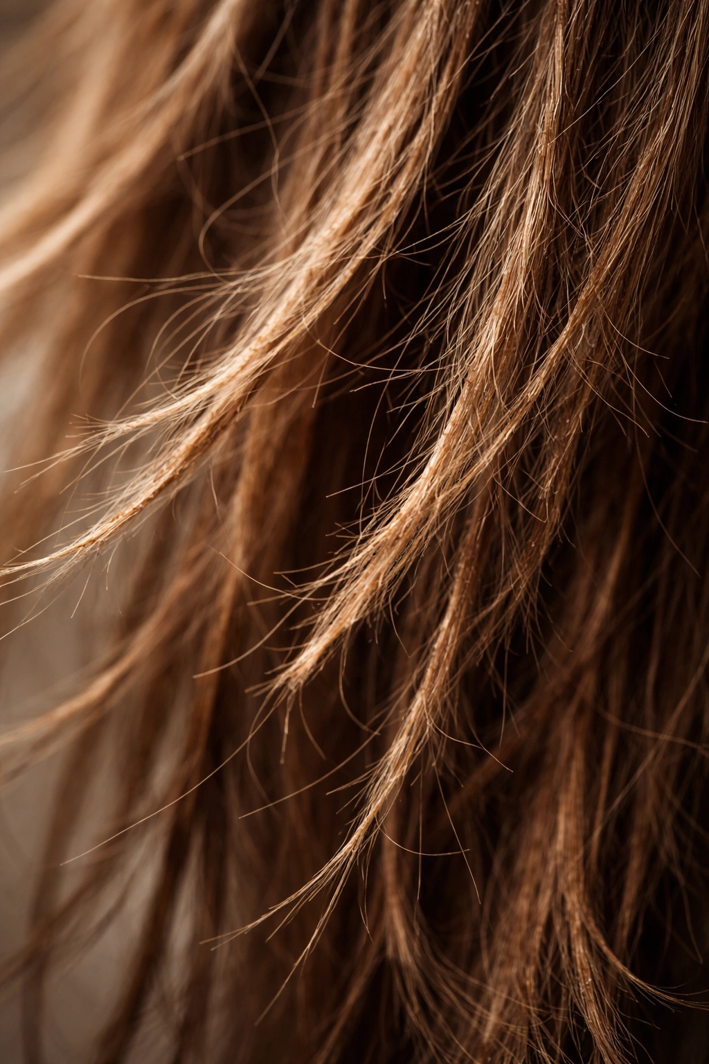 Close-up of damaged hair with frizz, rough cuticles, and split ends.