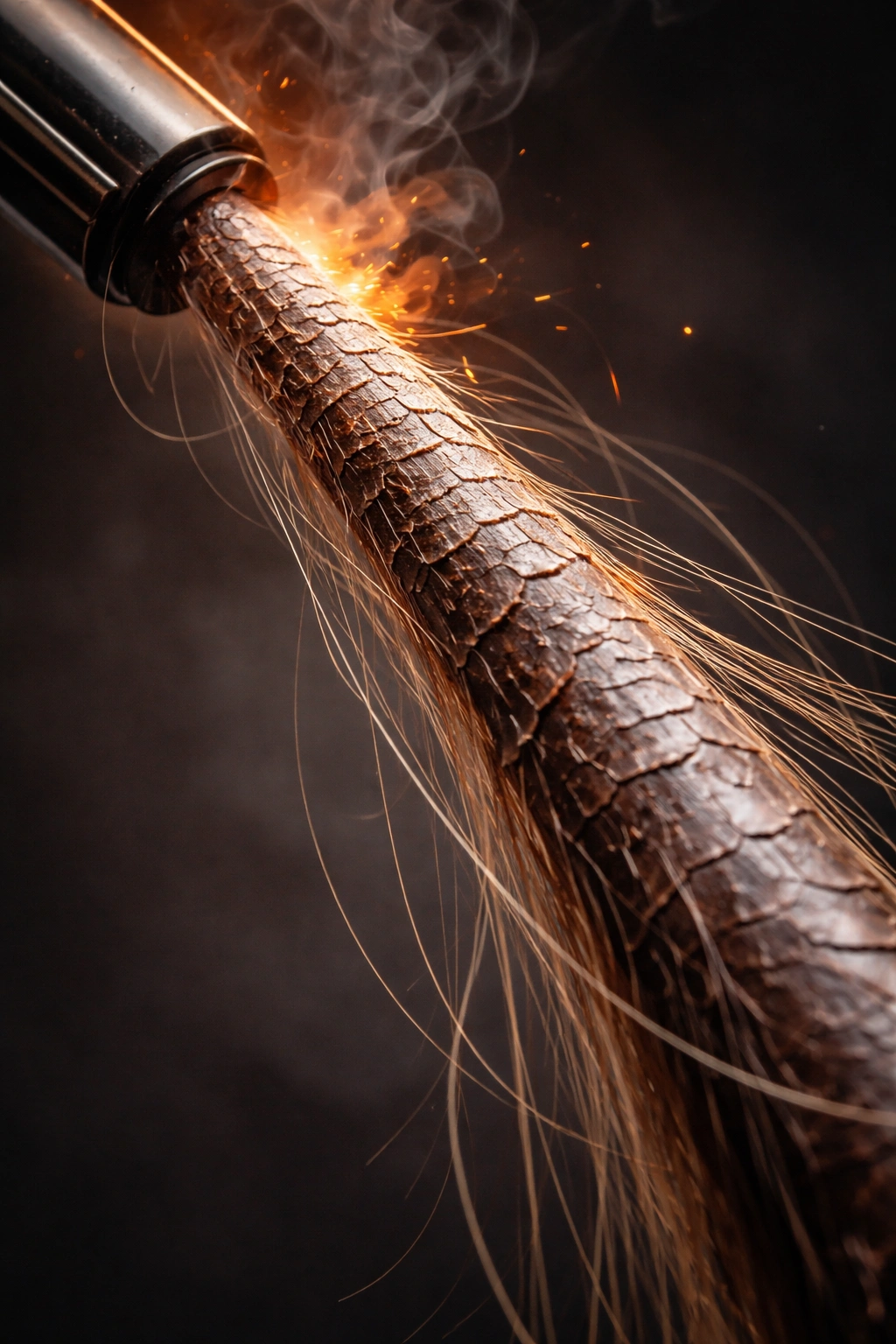Macro close-up of a damaged hair strand under dramatic light