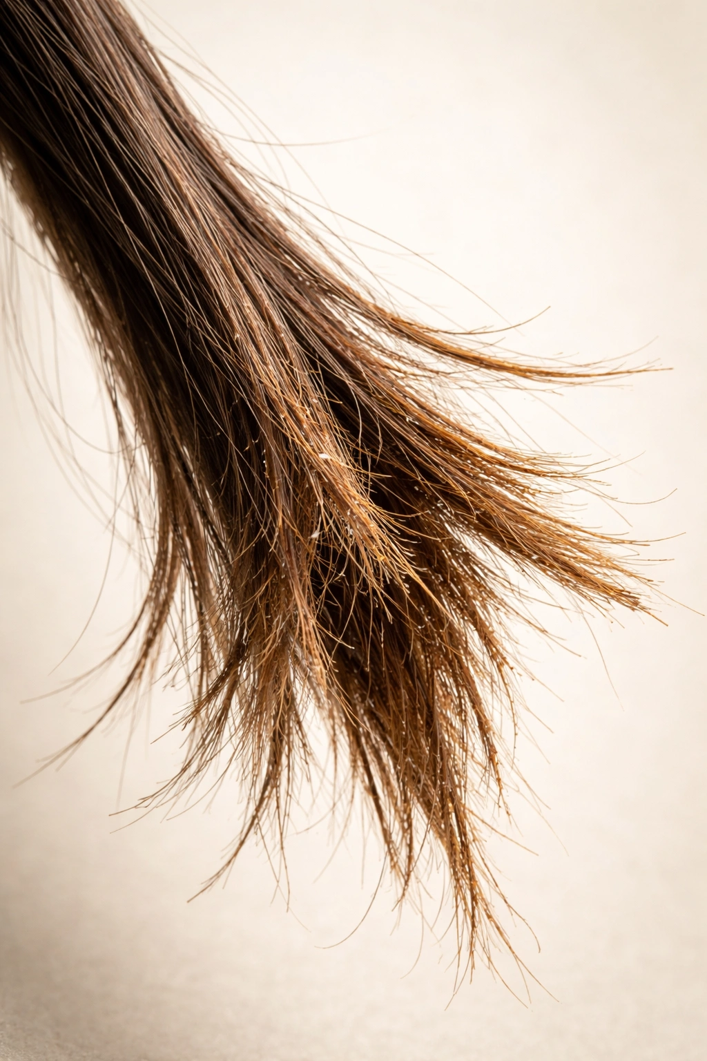 Close-up of a damaged relaxed hair strand showing frayed ends.