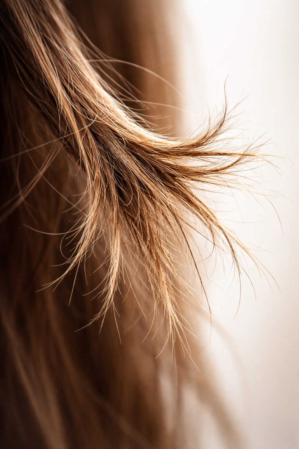 Macro close-up of a split-end hair strand illustrating damage from poor care.