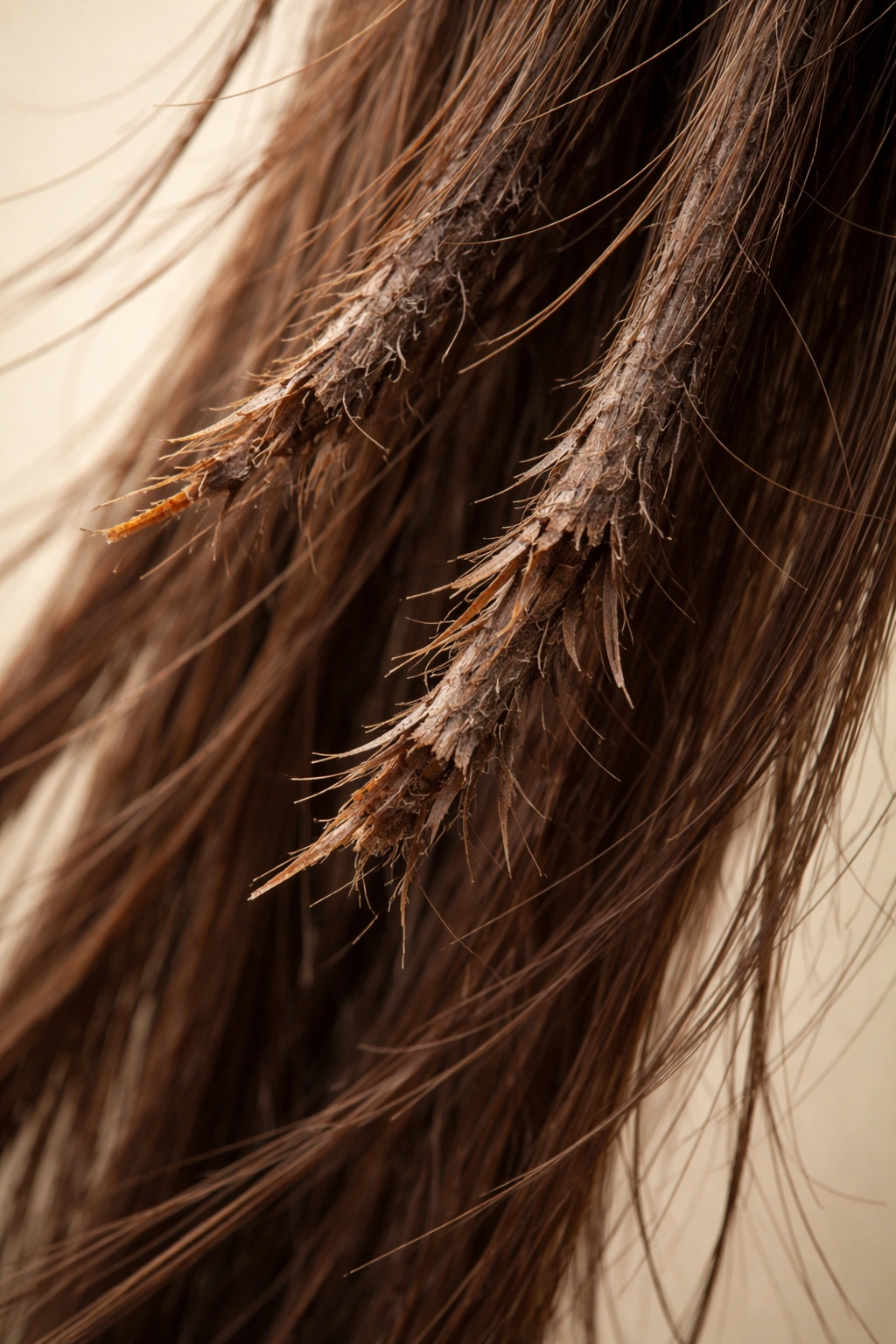 Close-up of damaged hair showing potential downsides of chemical straightening.