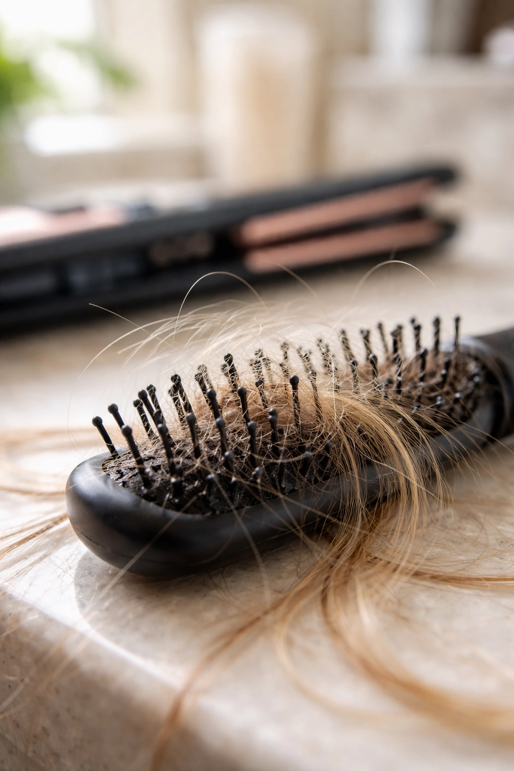 Close-up of hair snagged in a brush with a blurred heat tool in the background