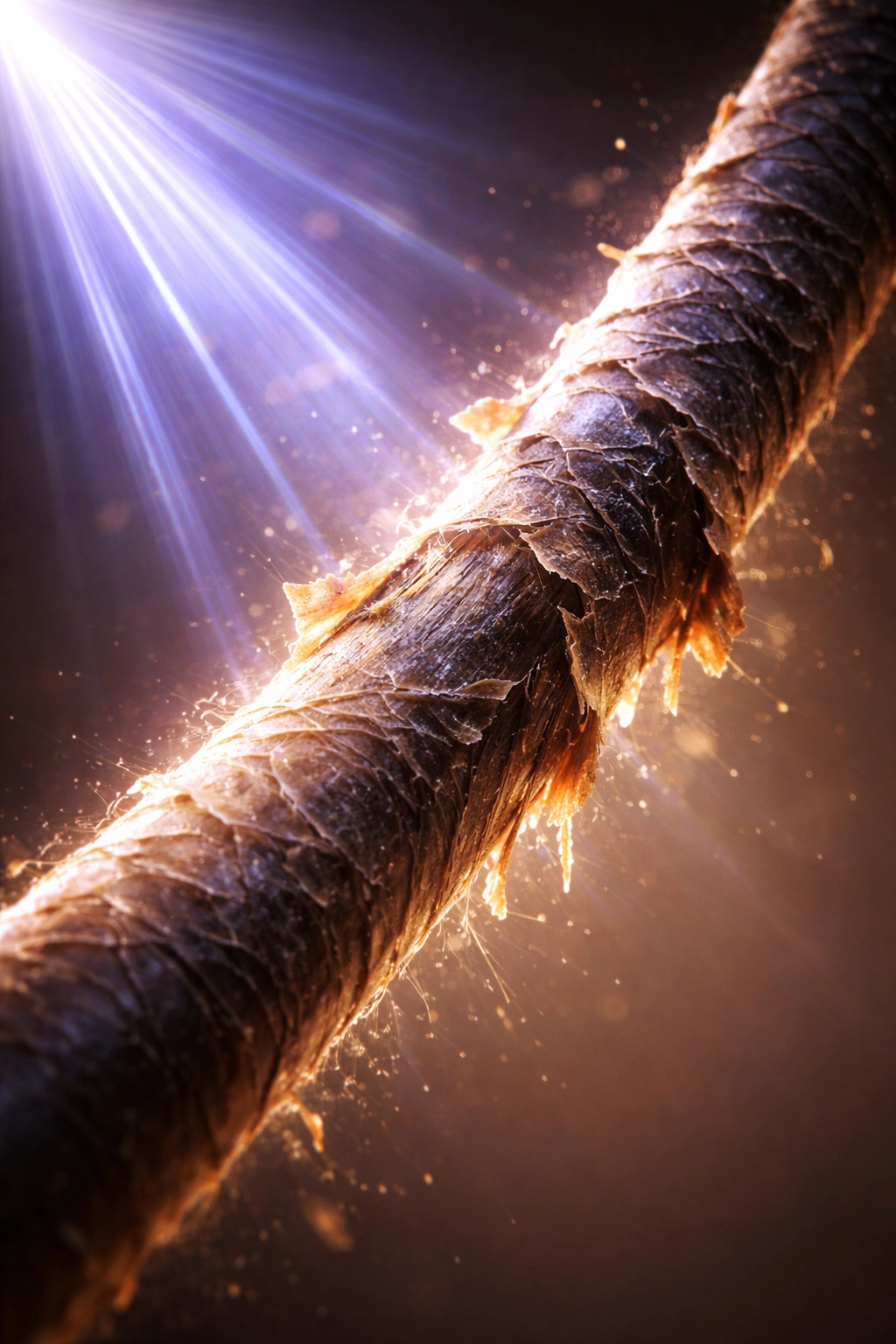 Macro of a hair strand under UV light showing keratin damage