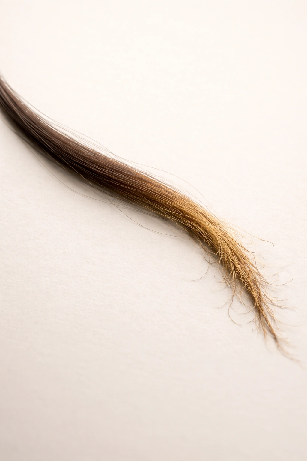 Hair strand with color gradient suggesting slow decomposition