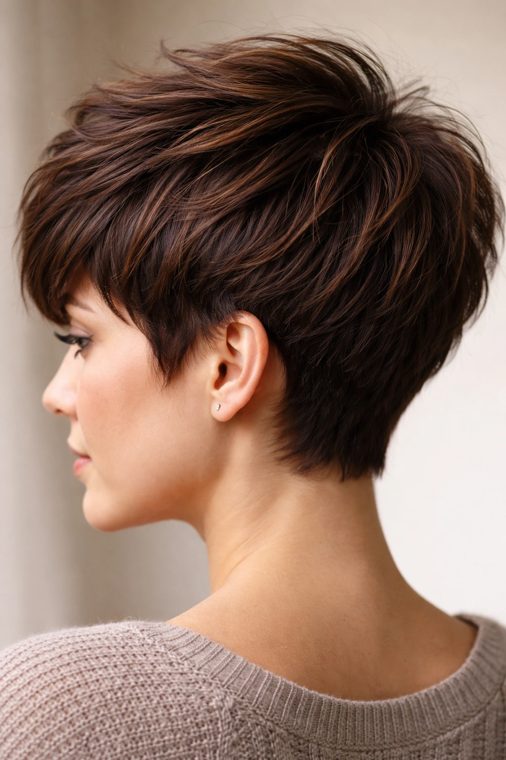 Dense hair on a pixie showing volume and root texture in close-up
