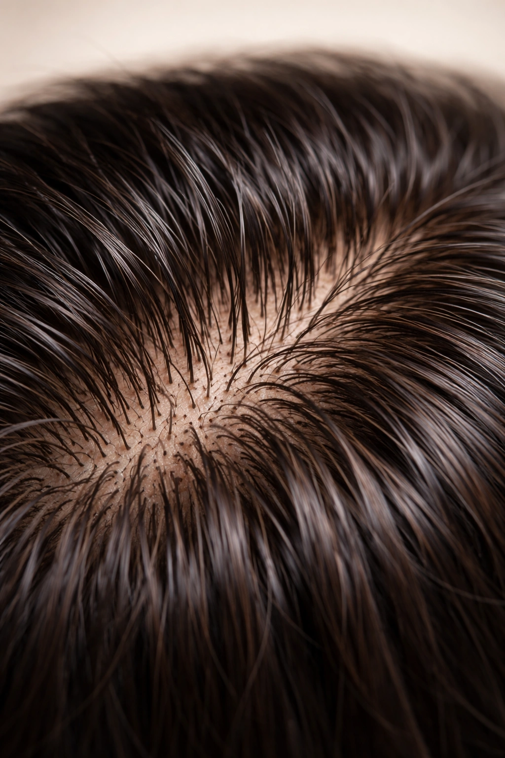 Close-up of scalp with dense hair coverage to illustrate hair density vs thickness