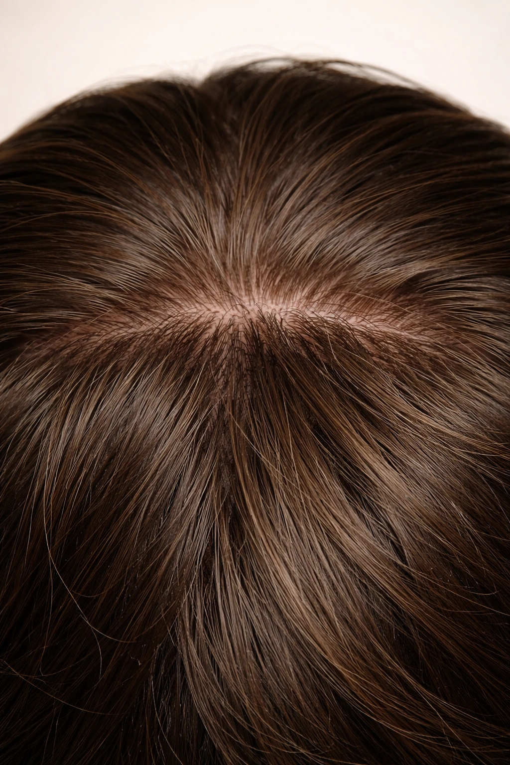 Scalp crown with dent along headband line and short hairs near contact