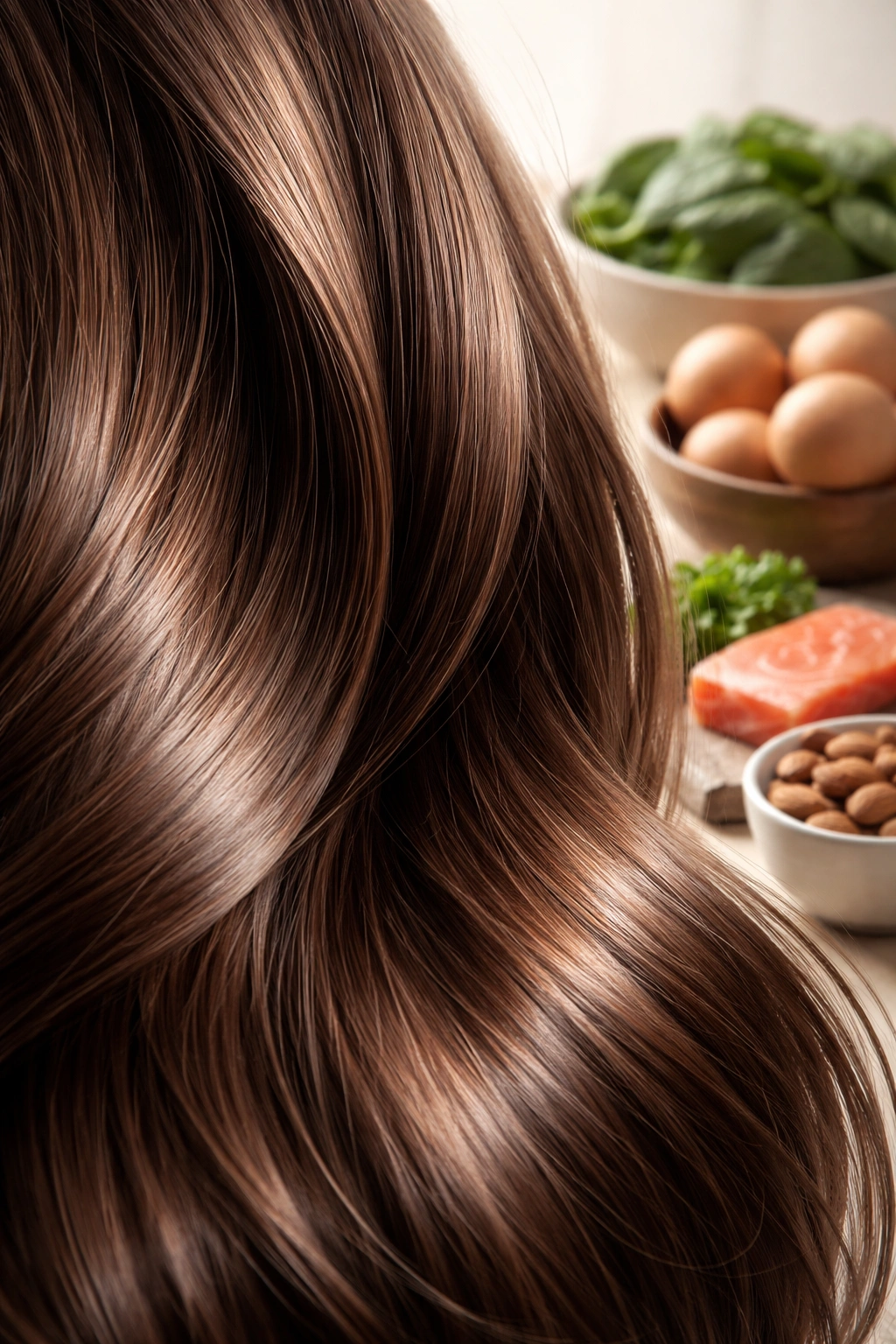 Close-up of glossy hair strands illustrating hair strength and protein-rich diet concept.