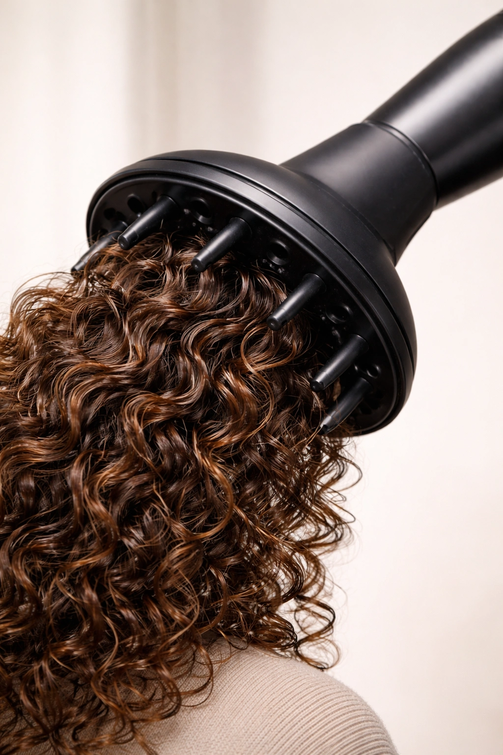 Close-up of a hair diffuser attached to a dryer with curly hair, studio lighting