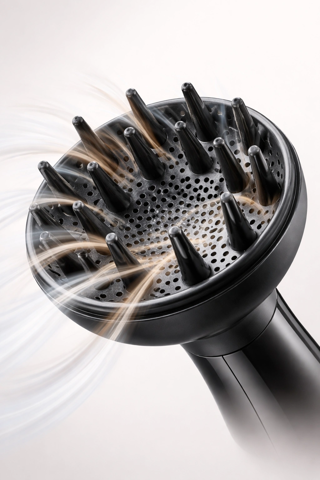 Close-up of a hair diffuser showing holes and prongs with airflow lines