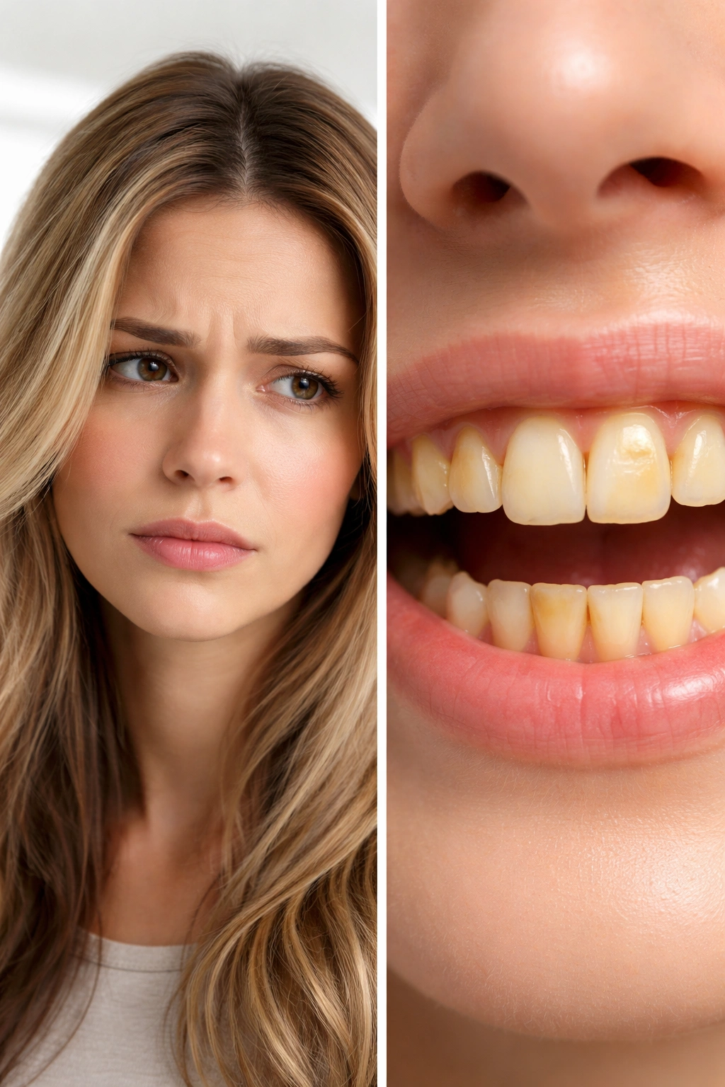 Close-up portrait showing hair discoloration and stained teeth related to doxycycline