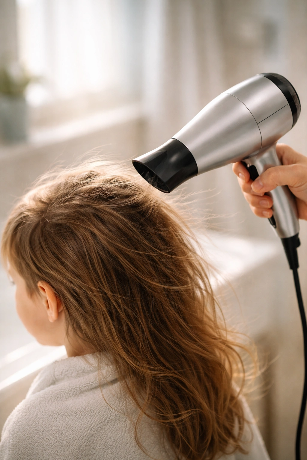 Hair dryer directed at a head, illustrating lice treatment considerations