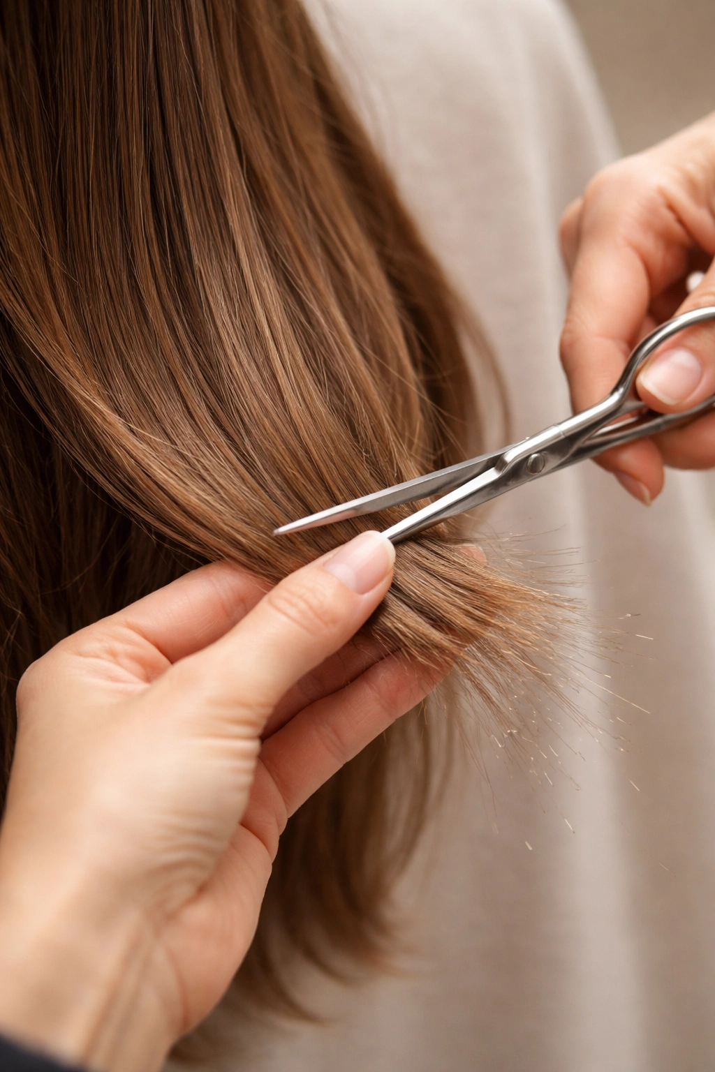 Close-up of hands trimming dry hair with small scissors for dusting ends