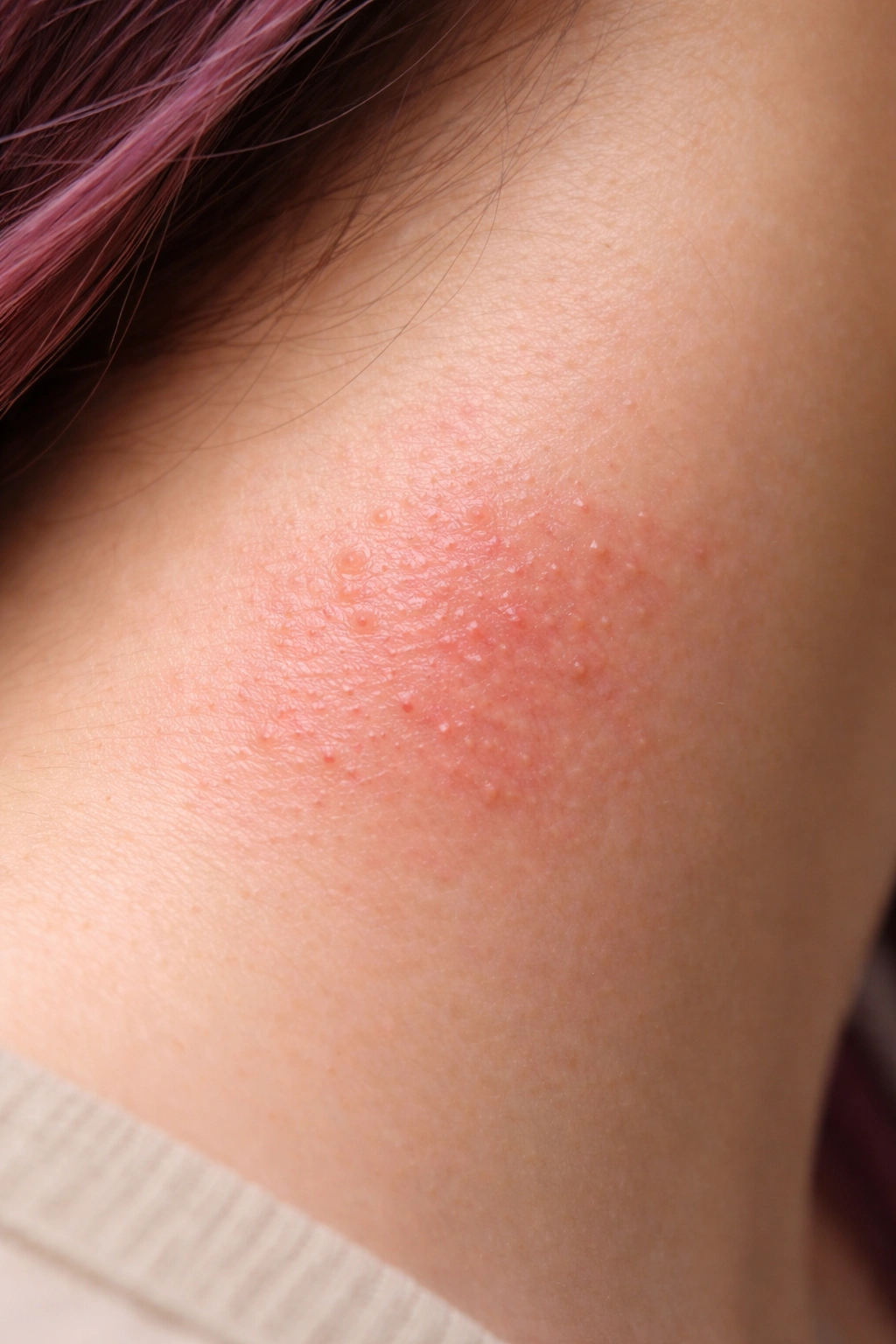Close-up of irritated skin patch on the scalp area