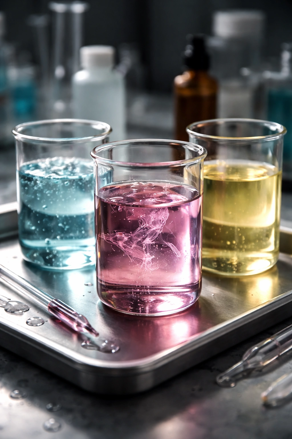 Close-up of three unlabeled beakers with colored liquids representing dye chemicals