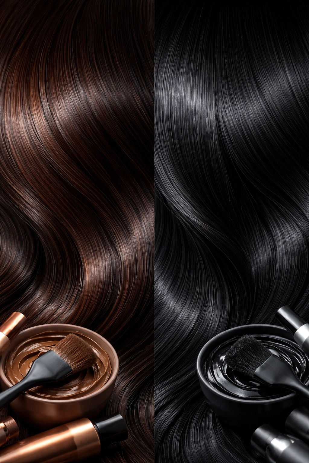 Glossy dark brown to near-black hair with warm undertones under studio light