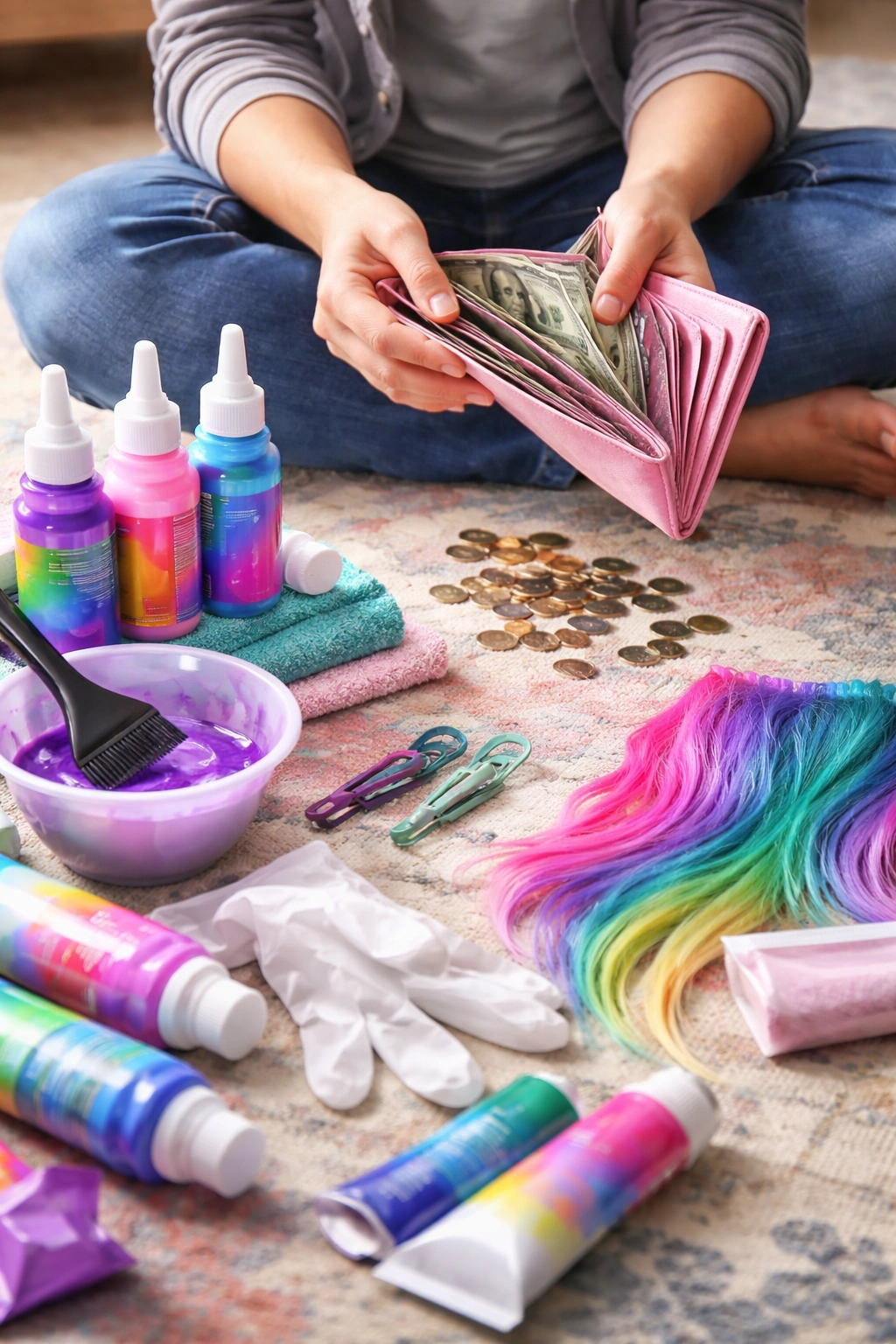 Parent budgeting for hair color with coins and dye kit on the floor.