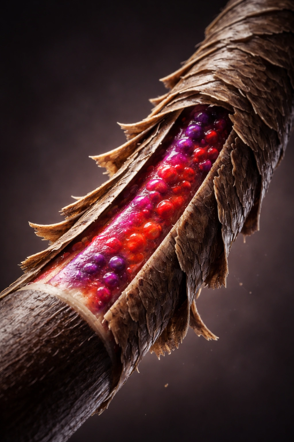 Close-up cross-section of a hair strand showing lifted cuticle and color deposition inside