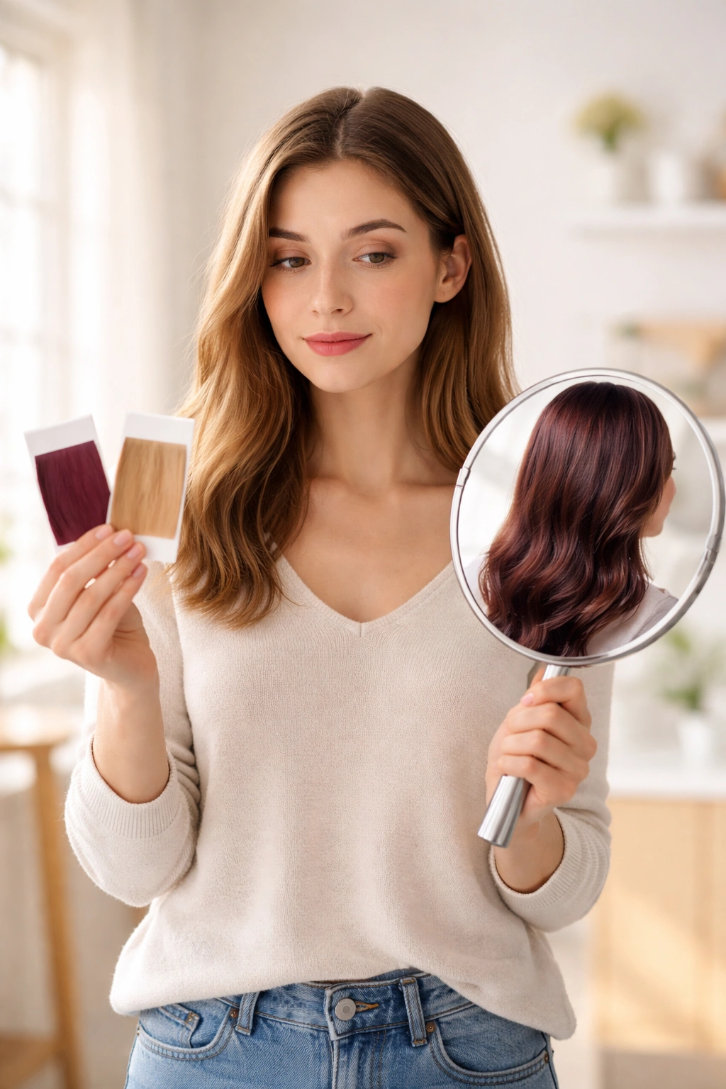 Person weighing unlabeled hair dye color swatches in a bright studio, illustrating an informed decision