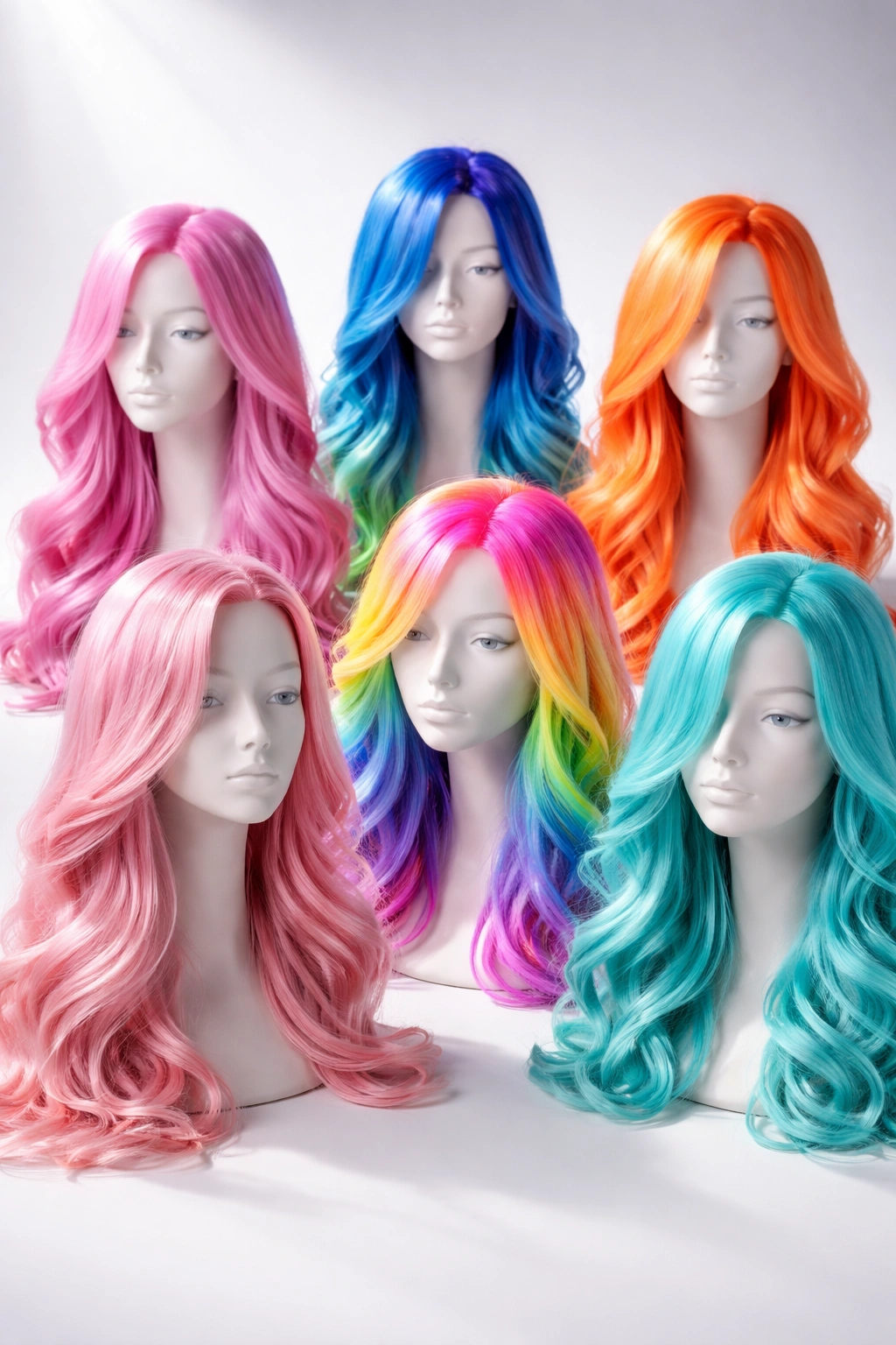 Mannequin heads with vivid dyed hair in pastels and neons