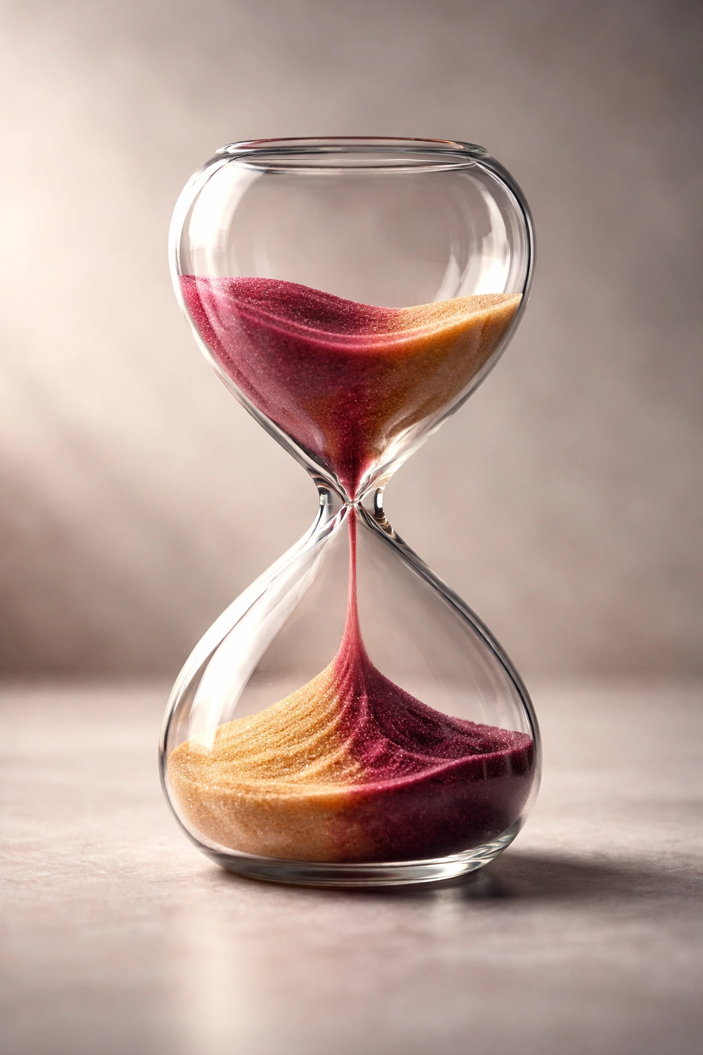 Close-up of an hourglass with dye-colored sand representing processing time