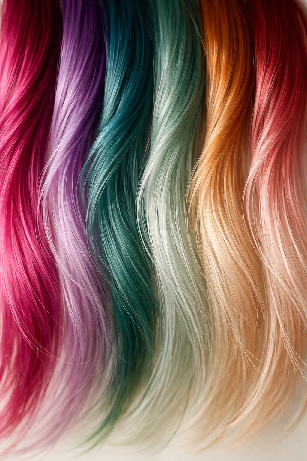 Hair strands fading from vibrant to pale to illustrate dye longevity