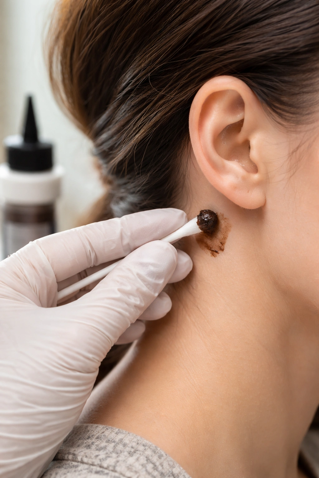 Patch test being performed on skin behind the ear for hair dye safety with gloves