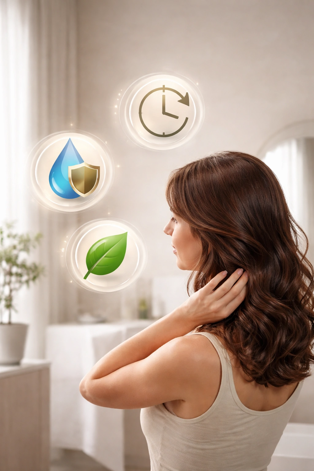 Person observing floating abstract icons symbolizing hair dye safety takeaways in a calm studio