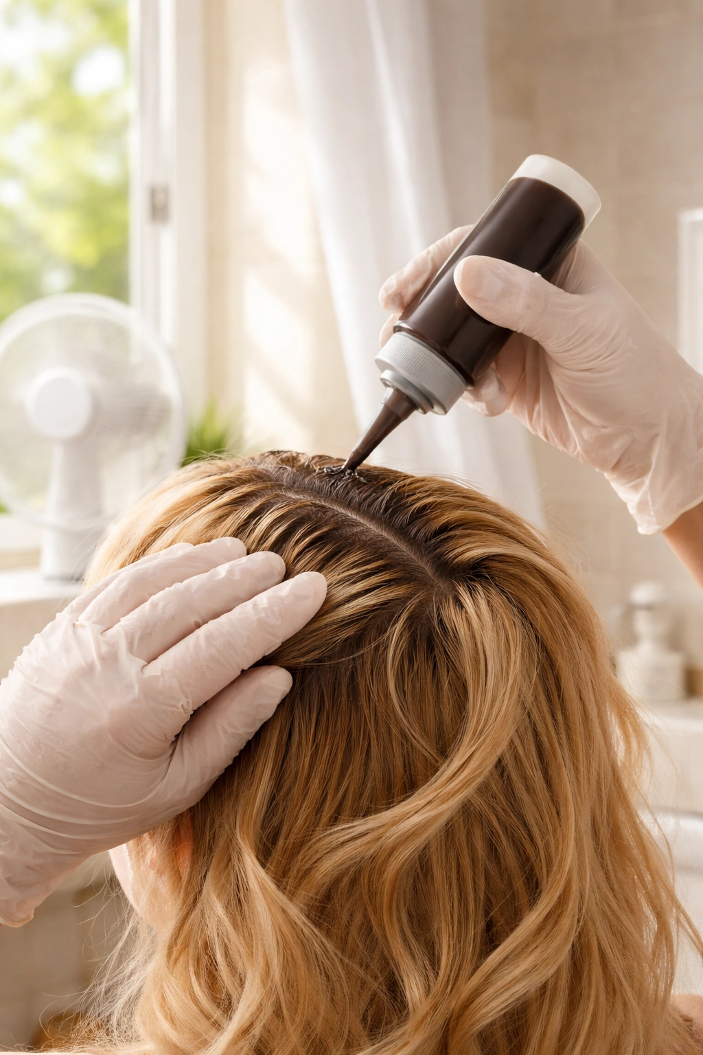 Gloved hand applying hair dye near an open window for ventilation