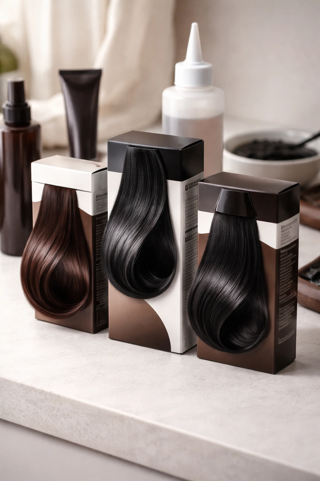 Hair dye products showing dark brown to black shades with color swatches
