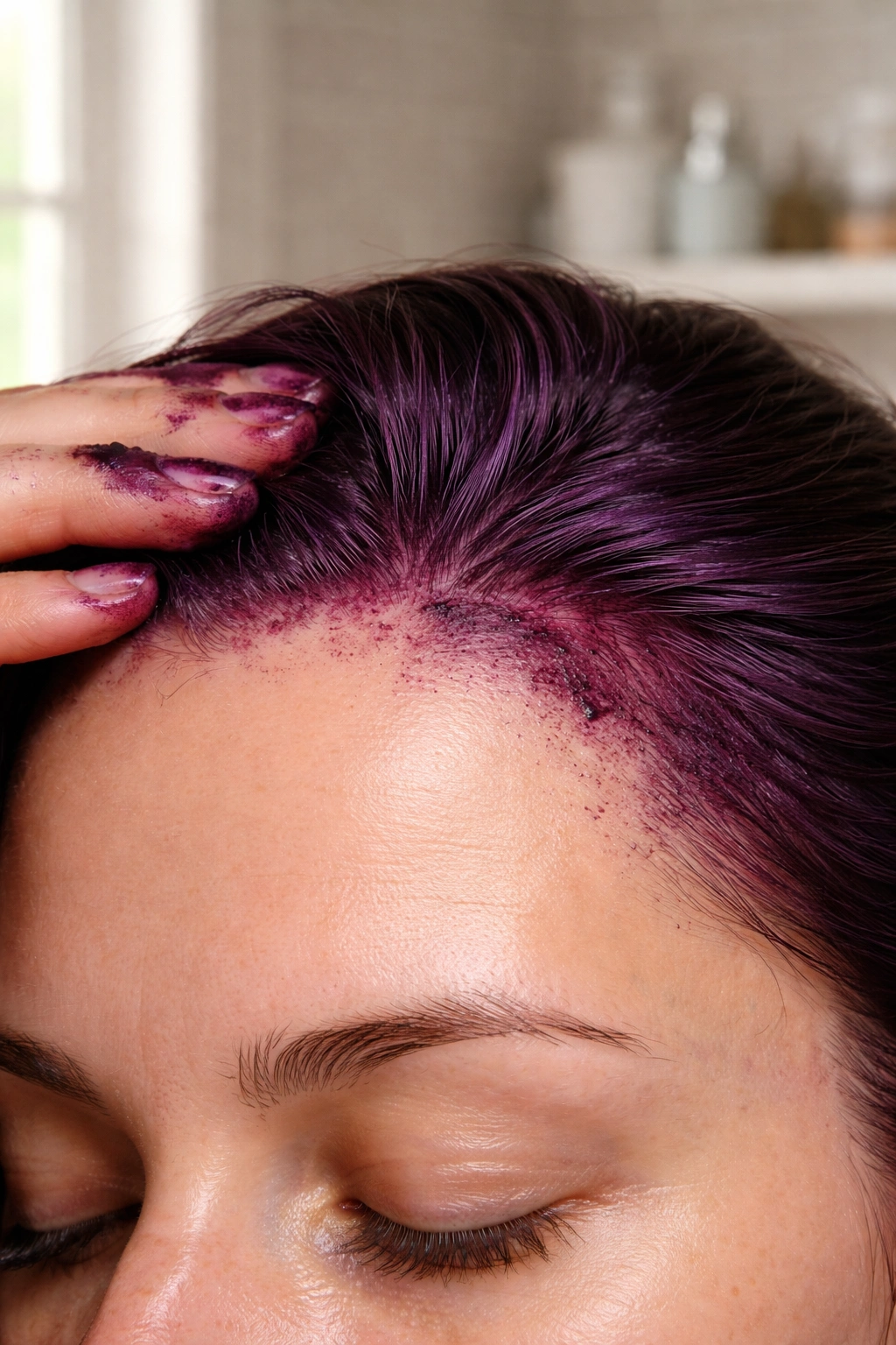 Close-up of skin stained by hair dye along hairline