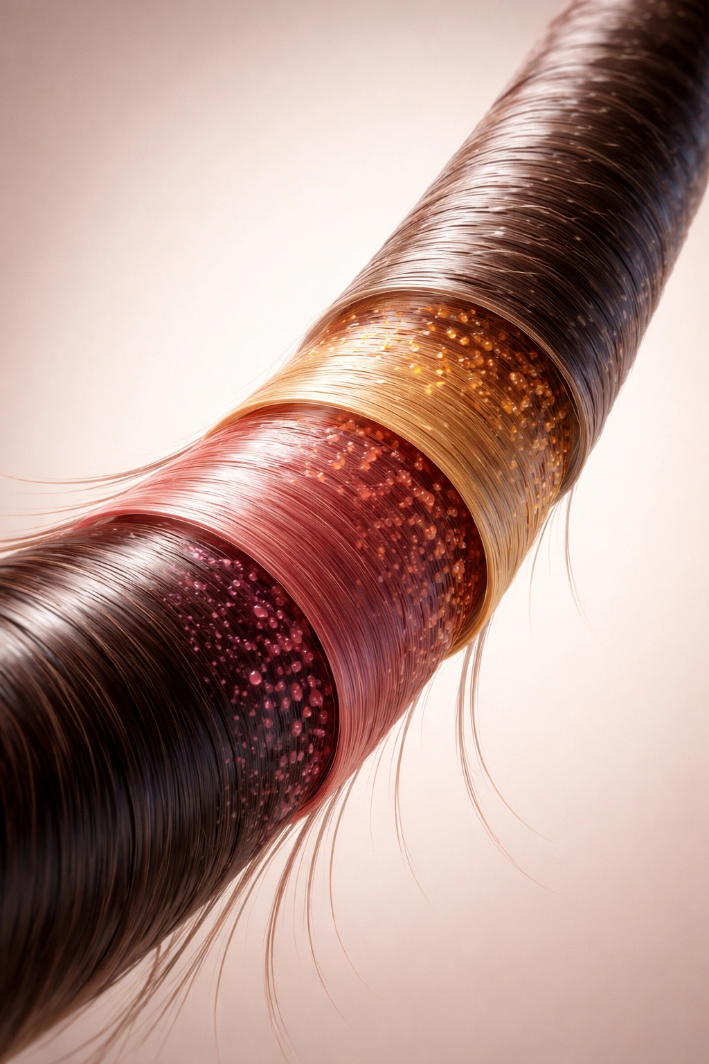 Close-up of a hair strand with color zones representing hair dye types: semi-permanent, demi-permanent, permanent.
