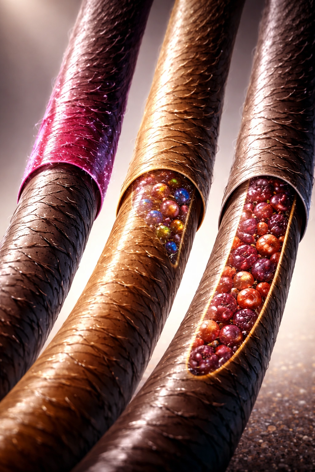 Three parallel strands showing surface coating, partial penetration, and full cortex coloration