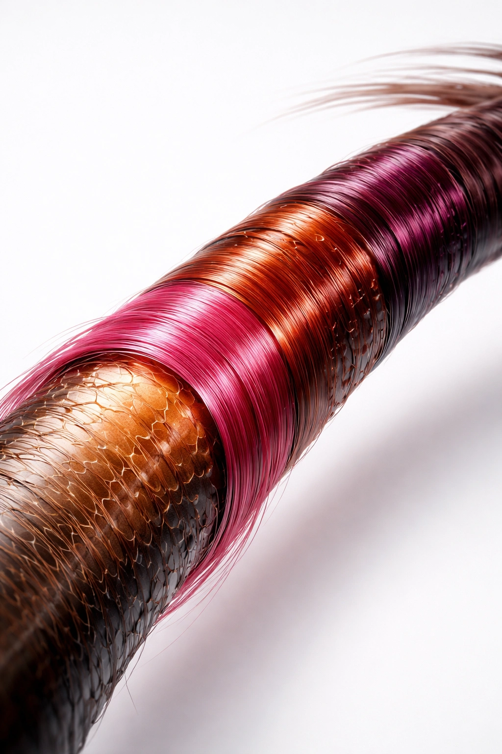 Hair strand with three color zones illustrating dye types