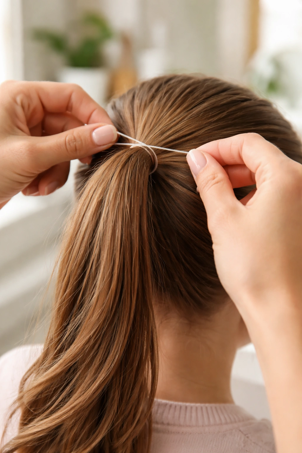 Hand placing a clear hair elastic on a ponytail in a soft-lit bathroom