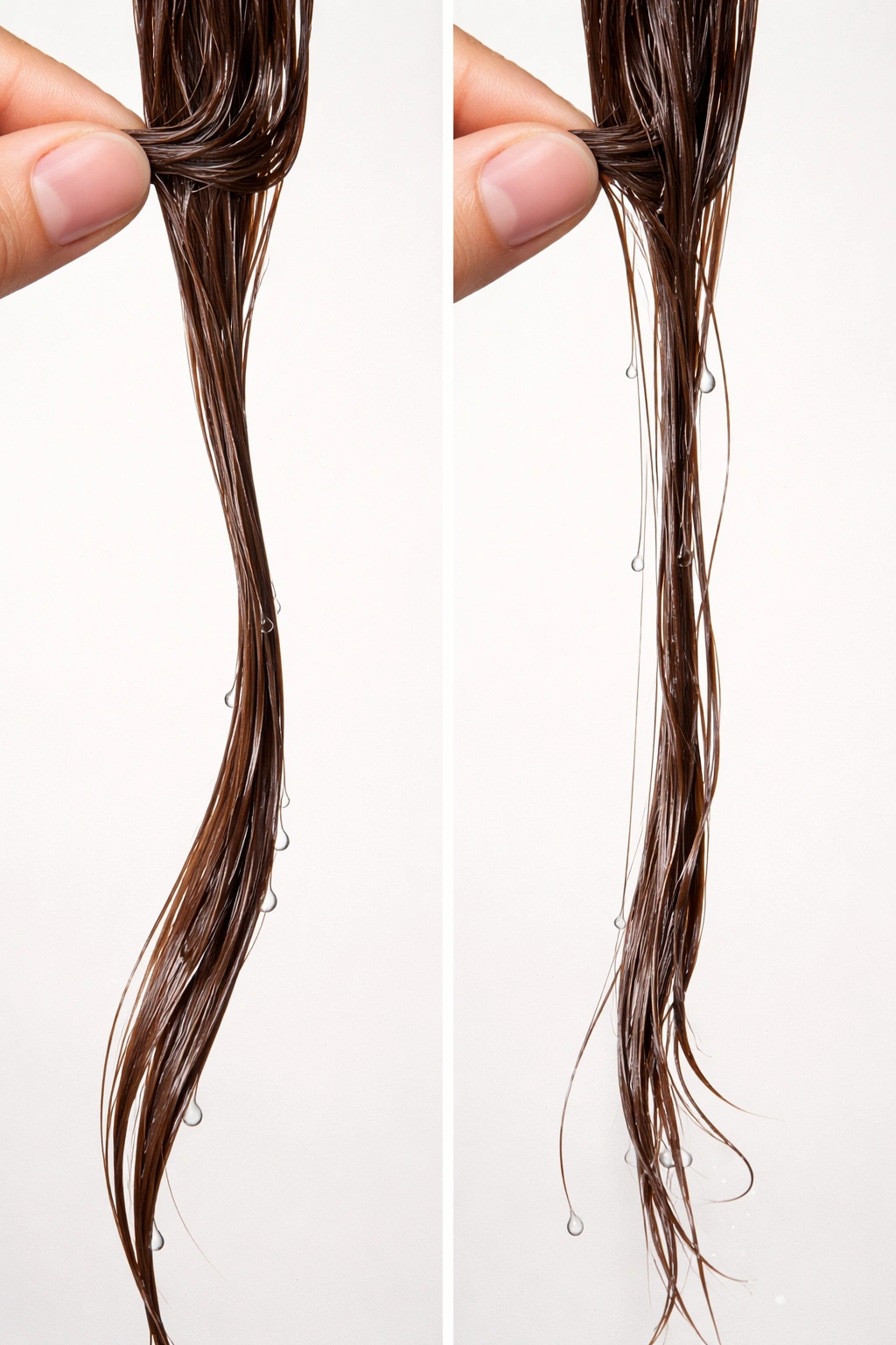 Two hair strands show normal and excessive stretch in a controlled studio setup