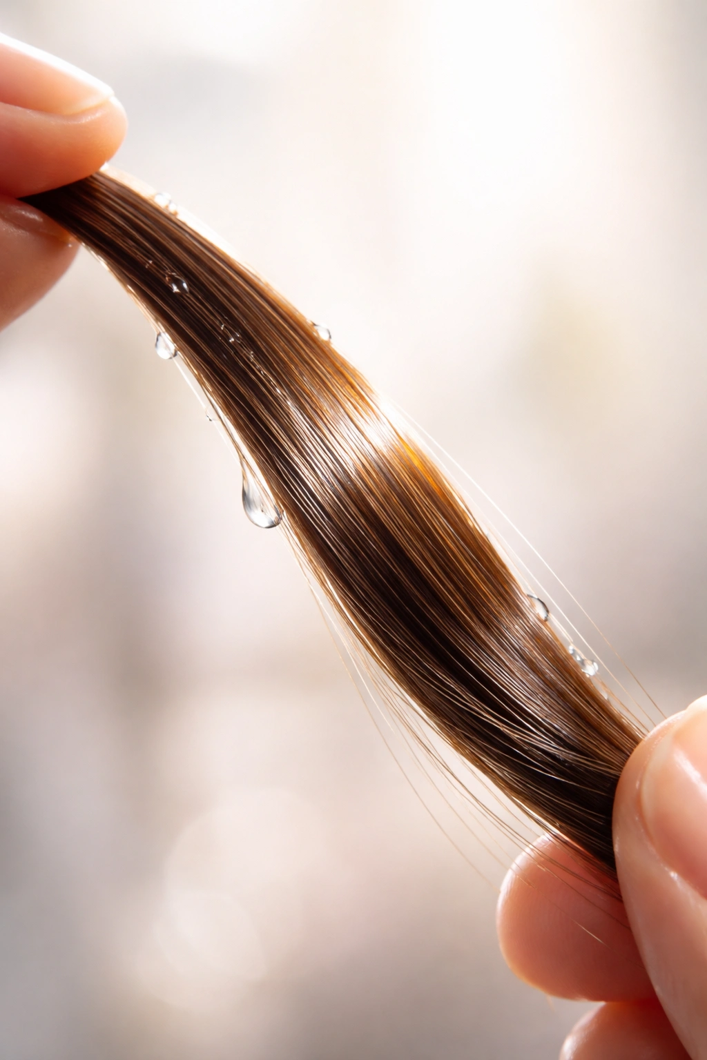 Healthy hair strand with smooth curve and shine in a neutral studio