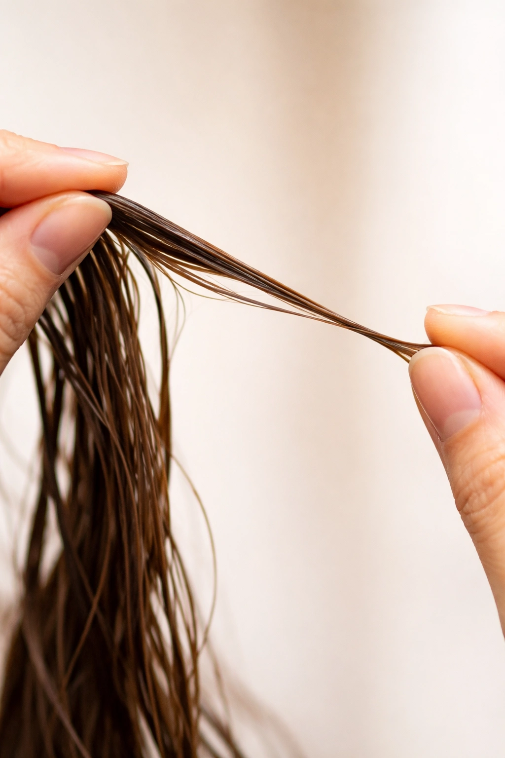 Damp hair strand gently stretched between fingers to show elasticity