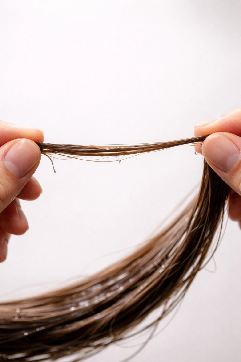 Hair strand stretched to test elasticity in a home setting